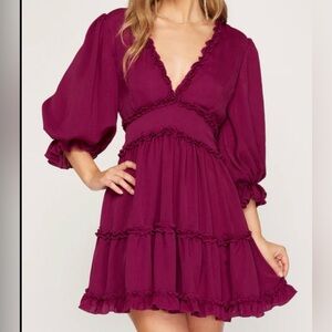 She + Sky Plum Ruffled V-Neck Mini Dress